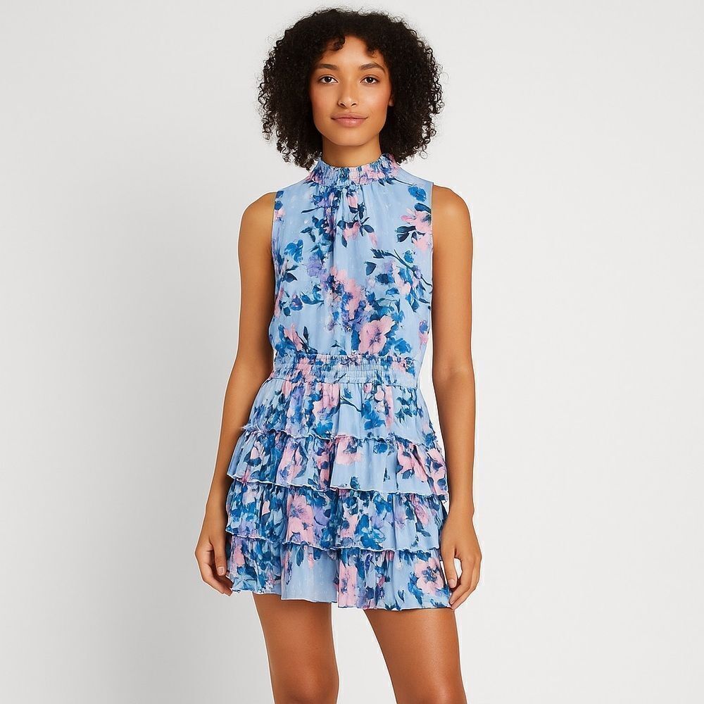 Revolve Everlily Floral Blue Gold Floral Mini Sleeveless Dress Smocked Ruffles